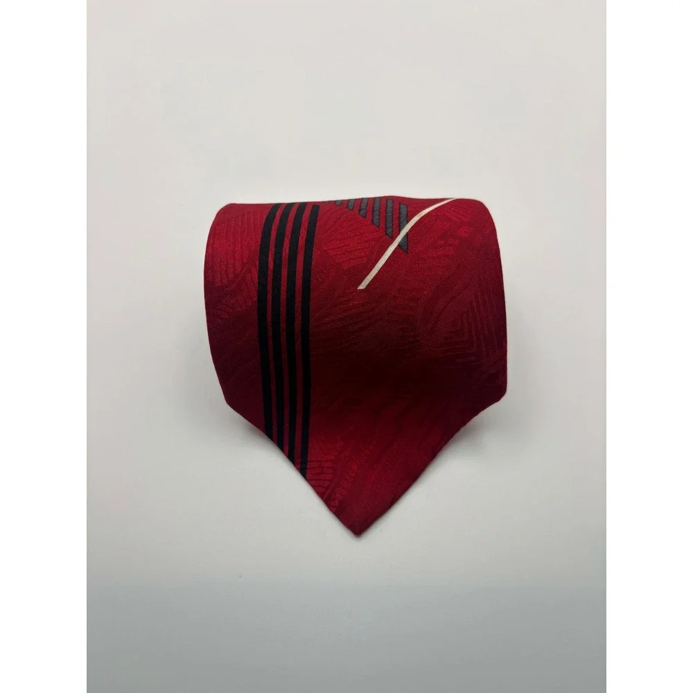 Albert Nipon Mens Red Geometric Abstract Silk Necktie Grey Black Modern Art Deco